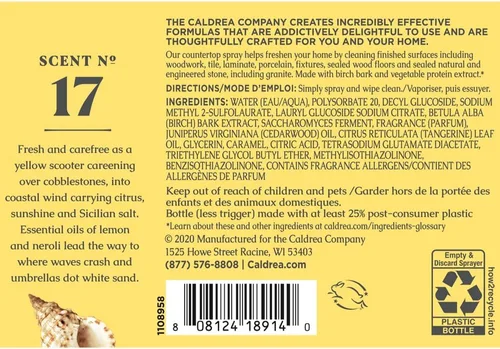 Miniatura 2 de Caldrea Limpiador en aerosol para encimeras multisuperficie, fabricado con extracto de proteína vegetal, aroma Neroli de sal marina, 16 onzas