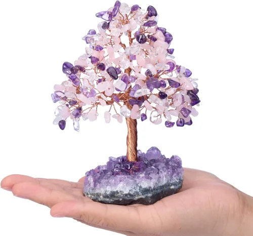 Miniatura 3 de Jovivi - Árbol de dinero de cristal curativo de amatista natural + cuarzo transparente + cuarzo rosa en base de geoda de druzy de amatista, Cuarzo