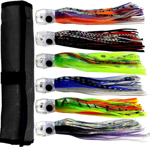 Miniatura 8 de OCEAN CAT Juego de señuelos de pesca de agua salada, anzuelo de pesca en alta mar y faldas de pulpo/calamar de 6 pulgadas/9 pulgadas para atrapar