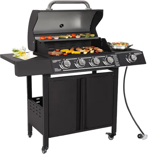 LEISU Parrilla de gas propano de 4 quemadores con quemador lateral y rejillas de hierro fundido, parrilla de salida de 50,0000 BTU para cocina,