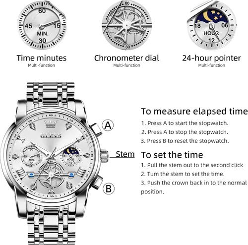 Miniatura 6 de OLEVS Relojes para hombre de plata, reloj de cronógrafo de acero inoxidable para hombre, reloj analógico de cuarzo de cara grande para hombre