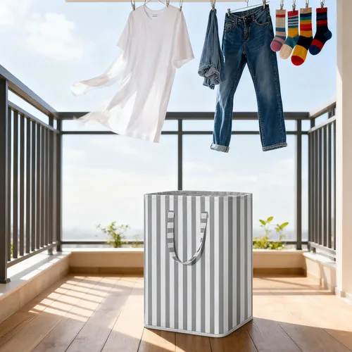 Miniatura 7 de Cesta grande para la ropa sucia, 75L impermeable, cesta plegable con asas extendidas para ropa en el dormitorio familiar (rayas verticales grises)