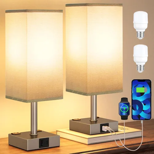 Miniatura 11 de aooshine - Juego de 2 lámparas de mesita de noche con control táctil con puertos de carga USB-C+A y salidas de AC, lámpara de mesita de noche