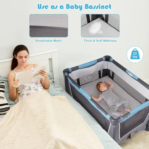 Miniatura 5 de INFANS Paquete y juego 4 en 1, centro de guardería portátil para bebés y niños, corral de viaje con moisés, colchón, cambiador de pañales, bolsa