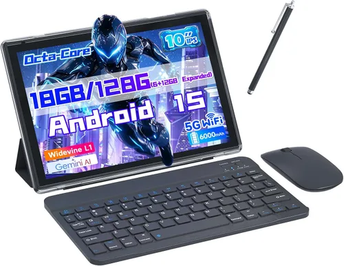 Tablet Android 15, tabletas 2 en 1 de 10 pulgadas con teclado, 18 GB de RAM 128 GB ROM 2 TB Expand, CPU de cuatro núcleos de 2.0 GHz, 5G WiFi 6,