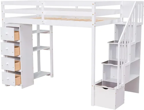 Miniatura 6 de DEINPPA Cama alta de tamaño individual con 4 cajones y estantes de almacenamiento, cama alta de madera con escaleras de almacenamiento, para niños