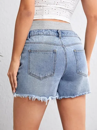 Miniatura 2 de Verdusa Pantalones cortos de mezclilla de maternidad para mujer, cintura alta, rasgados, dobladillo sin procesar, pantalones cortos de embarazo
