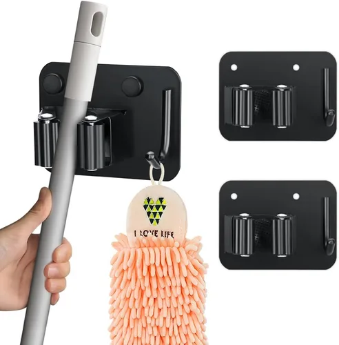 JAMEND CLXP Paquete de 2 soportes para escobas con ganchos resistentes, colgador de fregona de acero inoxidable mejorado. Estante de herramientas de