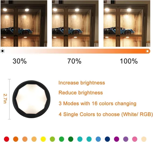 Miniatura 5 de Luces de disco recargables para debajo del gabinete, paquete de 6 luces LED de armario con control remoto, 16 colores, carga USB, luces nocturnas