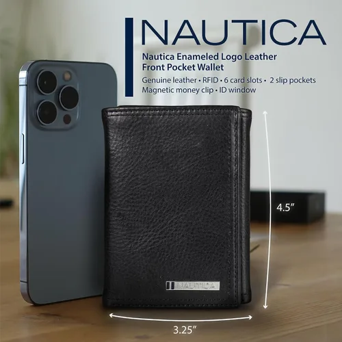 Miniatura 62 de Nautica Men's Trifold Wallet RFID Blocking Protection ID Window Card Slots Genuine Leather Durable