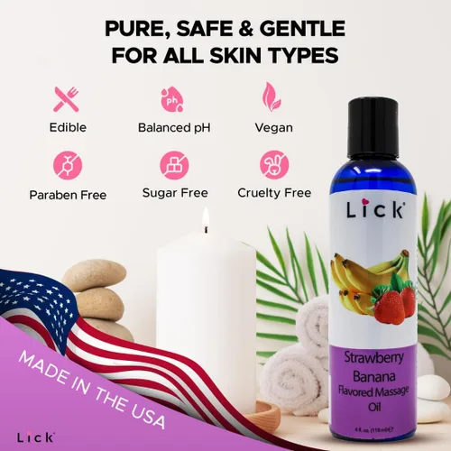 Miniatura 6 de Lick Aceite de masaje con sabor a fresa y plátano, aceite de masaje comestible de fruta dulce cremosa con vitamina E, deslizamiento suave y seguro