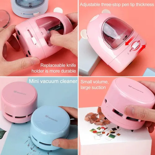 Miniatura 3 de Juego de sacapuntas eléctrico, caja de regalo, aspiradora de escritorio, borrador eléctrico con hoja de repuesto, borrador, sacapuntas automático a