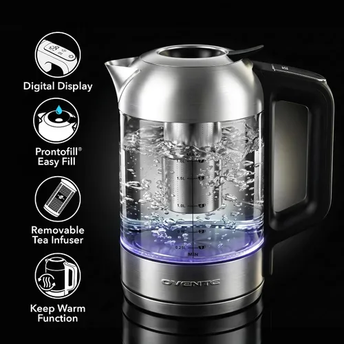Miniatura 2 de OVENTE Hervidor eléctrico de vidrio digital con control de temperatura, hervidor de té eléctrico inalámbrico de 1.8 L con 7 presets, olla eléctrica