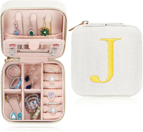 Joyero de viaje de terciopelo de felpa personalizado, joyero pequeño con inicial, organizador de joyas, esencial de viaje blanco para mujeres,