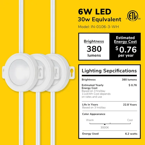 Miniatura 2 de GETINLIGHT IN-0106-3-WH - Luces LED de disco enchufables, 3 paquetes, solo montaje en superficie, blanco suave 3000 K, precableado, 120 V, 2 W