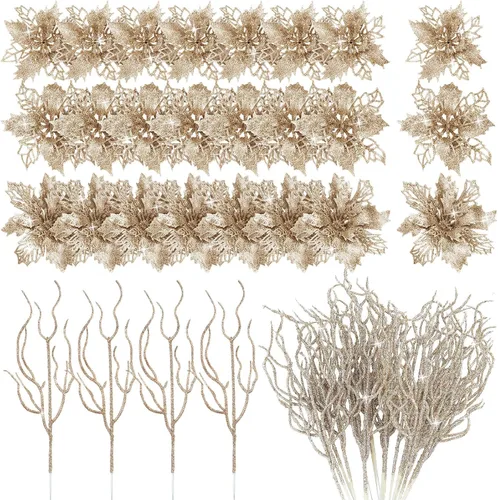 Miniatura 8 de Yinder Juego de 48 flores de Pascua artificiales con purpurina para el día de San Valentín con ramitas, decoración de árbol de Navidad, para corona