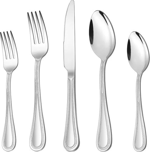 Miniatura 9 de Juego de cubiertos de 20 piezas, HaWare cubiertos de acero inoxidable servicio para 4, vajilla con borde perlado incluye cuchillo/tenedor/cuchara
