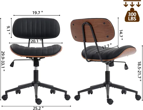 Miniatura 2 de Silla de oficina para el hogar Newnno con ruedas, silla de escritorio de altura ajustable de cuero giratoria, silla moderna sin brazos de nogal