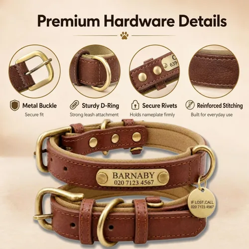 Miniatura 5 de Collar de cuero para perro personalizado y juego de correa, personalizado con diseño acolchado suave y resistente con placa de nombre grabada