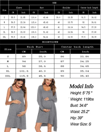 Miniatura 8 de SWOMOG Batas de enfermería Vestido de maternidad de 2 piezas camisón para lactancia materna 3 en 1 Hospital parto Albornoz de lactancia Vestido