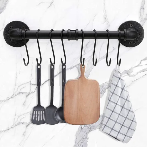 Miniatura 2 de Sumnacon Estante industrial de 16 pulgadas para ollas con 8 ganchos, riel de metal montado en la pared, utensilios de cocina, olla, tapa