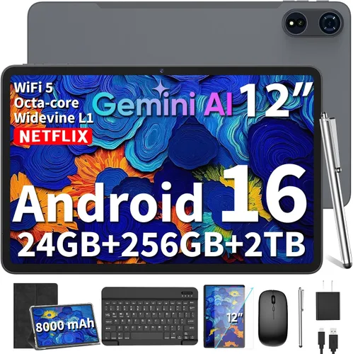 Tablet grande de 12 pulgadas 2026, Android 16 con teclado, 24GB+256GB+2TB Expand, Tablets PC con 2K Gemini AI, 8000mAh, Octa-Core, 16+8MP, tabletas