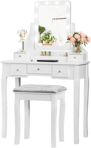 Miniatura 11 de DORTALA Juego de mesa de tocador con espejo rectangular de 360 grados y taburete acolchado, mesa de maquillaje con 10 bombillas LED regulables
