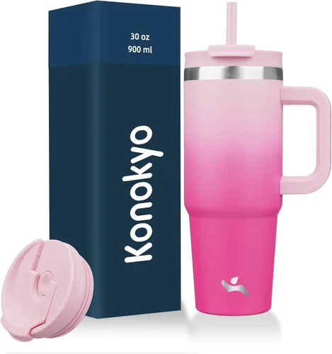 Miniatura 10 de Konokyo - Vaso de 40 onzas con asa y 2 pajillas, botella de agua aislada 2 en 1 con tapa. Taza de viaje de acero inoxidable para café, flores