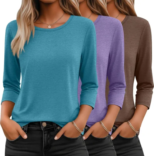 Miniatura 40 de Ficerd Paquete de 3 camisetas de manga 3/4 para mujer, cuello redondo, camisetas básicas elegantes, casuales, modernas, holgadas
