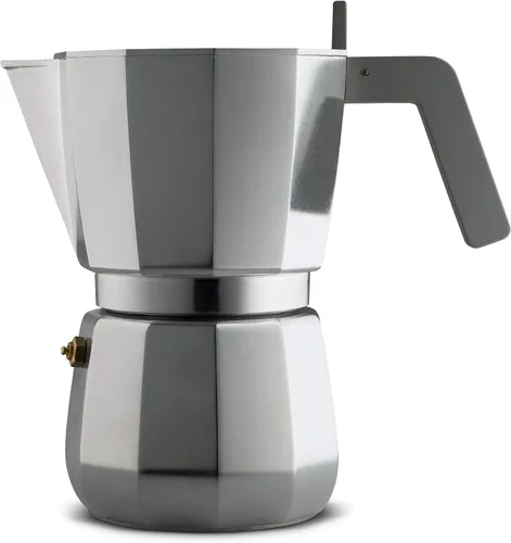 Moka, Cafetera espresso en fundición de aluminio. Mango y pomo en PA, gris. Fondo magnético de acero adecuado para cocción por inducción. Filtro
