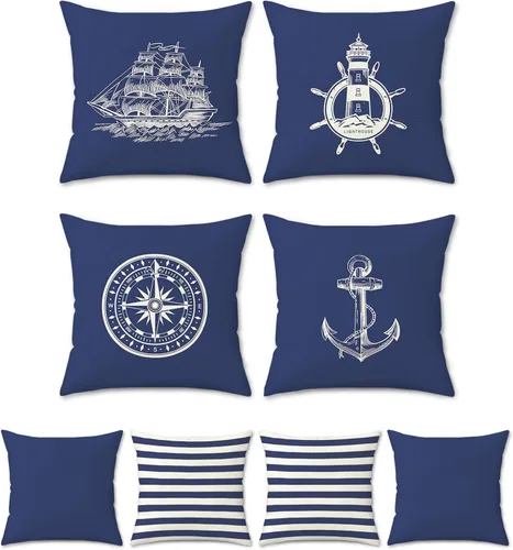 Bonhause Juego de 4 fundas de almohada de color azul náutico de 16 x 16 pulgadas, fundas de almohada decorativas de lino para sofá, cama, decoración
