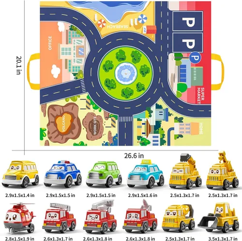Miniatura 3 de TEMI - Juguetes de coches tirados para niños pequeños de 1, 2, 3 años para niños y niñas, 12 piezas de juguetes de coches para bebés con alfombrilla