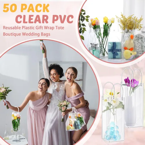 Miniatura 6 de LEIFIDE 50 bolsas de regalo de plástico transparente con asas, de PVC, reutilizables, transparentes, bolsas para dulces, escuela, fiesta