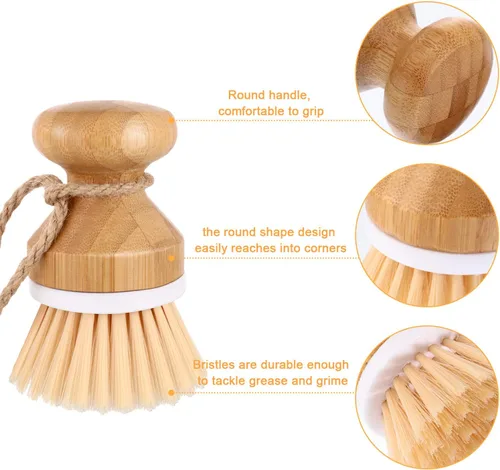 Miniatura 3 de Boao Cepillo de bambú para limpiar platos y 1 soporte de madera natural para limpiar la cocina, cepillo duradero de bambú para limpiar ollas