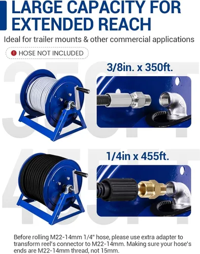 Miniatura 5 de MEKOH Carrete de manguera para lavadora a presión de 3/8" x 350 pies, carrete de manguera de manivela de mano de 5000 PSI para 1/4" x 455 pies