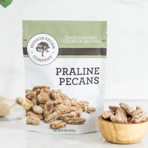 HUDSON PECAN COMPANY: Nueces pecanas de Georgia tostadas con praliné | Delicia gourmet confitada, dulzura sureña irresistible (perfecta para picar,