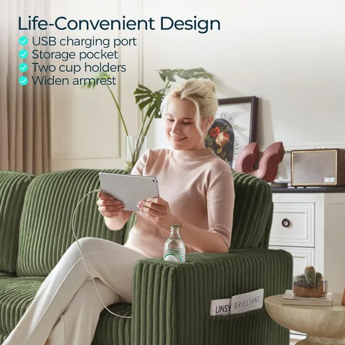 Miniatura 7 de LINSY HOME Sofá Seccional Cama con Sofá Cama Extraíble Convertible de Pana Suave Tipo Nube con Chaise de Almacenamiento y Carga USB, Cómodos Sofás