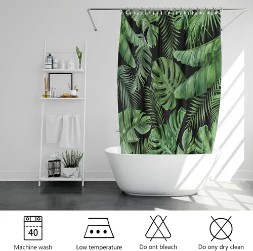 Miniatura 5 de Cortina de Ducha de Hojas Tropicales, Cortina de Baño Decorativa Verde y Negra con Hojas de Palmera y Plátano, Juegos de Cortinas de Ducha de Tela