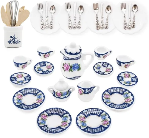 Miniatura 13 de Odoria 1/12 Juego de té de porcelana en miniatura Platos y cubiertos Utensilios de cocina Accesorios para casa de muñecas, azul mediterráneo