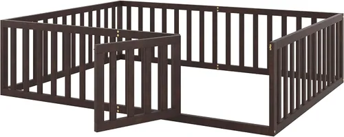 Miniatura 7 de Bellemave Cama de suelo de madera tamaño Queen para niños, cama Montessori con barandillas en forma de valla y puerta, para niños, niños y niñas