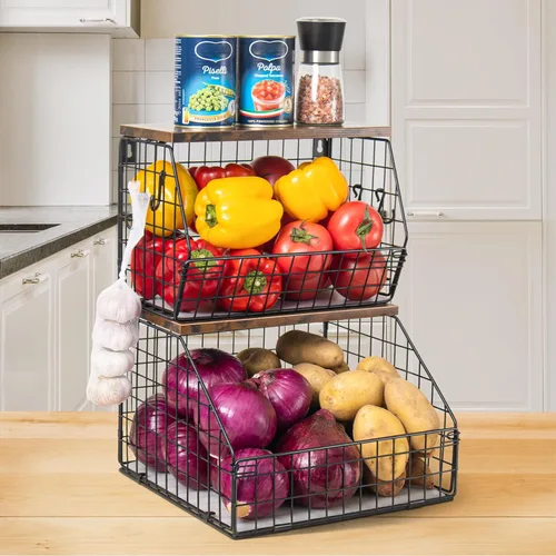 Miniatura 15 de Mefirt 2 cestas de frutas para almacenamiento de cocina con tapa de madera, cesta de pared apilable para cocina, organizador de encimera para Marrón