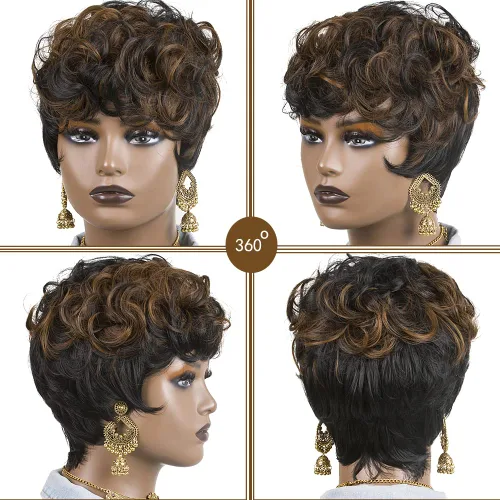 Miniatura 4 de Pelucas cortas de corte Pixie para mujeres negras, pelucas de corte Pixie con flequillo, negro mezclado con marrón, pelucas rizadas cortas