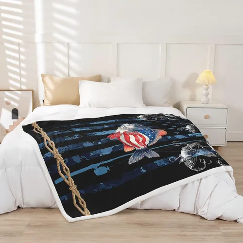 Miniatura 2 de Manfei Fish Throw Blanket Blue Camouflage American Flag Bed Blanket for Kids Boys Girls Room Decor, Fishing Theme Blanket for Couch Sofa, Soft and