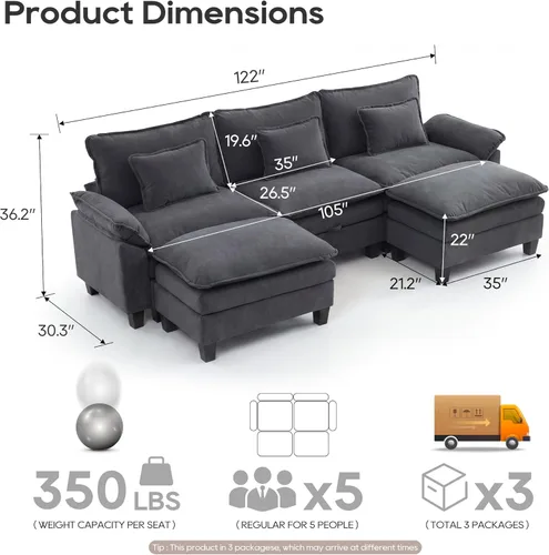 Miniatura 2 de URRED Sofá modular de gran tamaño, 122 pulgadas en forma de U moderno y cómodo sofá nube con otomana móvil y almohadas, sofás de asiento profundo