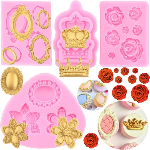 ZiXiang Molde de silicona para fondant de estilo barroco, marco vintage, moldes de silicona para corona, rosa, flores, marcos de fotos, molde de