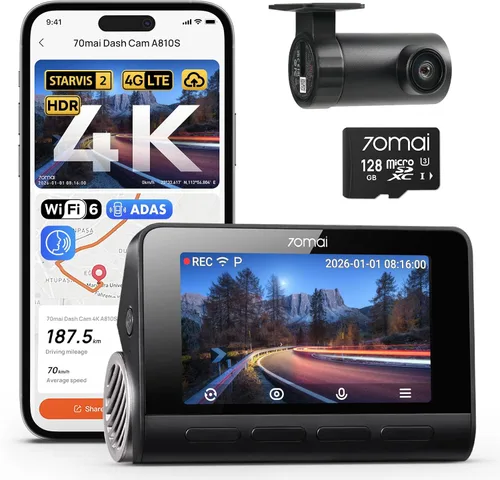 70mai Cámara de tablero 4K delantera y trasera, 4K+1080P Dual STARVIS 2 Cámara de tablero de coche para automóviles, acceso remoto 4G LTE, detección