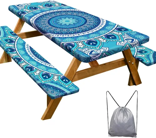 Funda de mesa de picnic con fundas para bancos Esenciales de camping Mantel de picnic impermeable y a prueba de viento con bolsa de cordón, funda