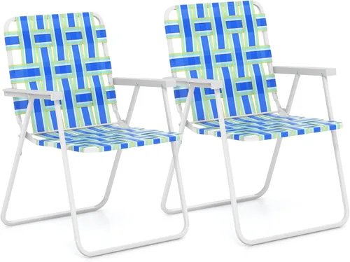 GYMAX Silla plegable, juego de sillas de césped para patio con reposabrazos, paquete de 2 sillas de comedor ligeras para interiores y exteriores,