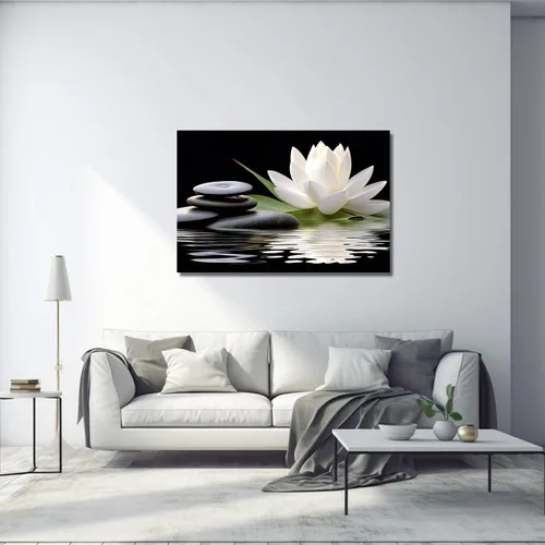 Miniatura 2 de LZIMU Lienzo decorativo para pared, diseño de loto blanco y piedras zen negras que florecen en el agua, impresiones de imágenes para yoga, spa
