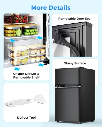 Miniatura 6 de Tehanld - Refrigerador de doble puerta con congelador, 3.55 pies cúbicos, refrigerador pequeño con congelador, 7 ajustes de temperatura ajustable
